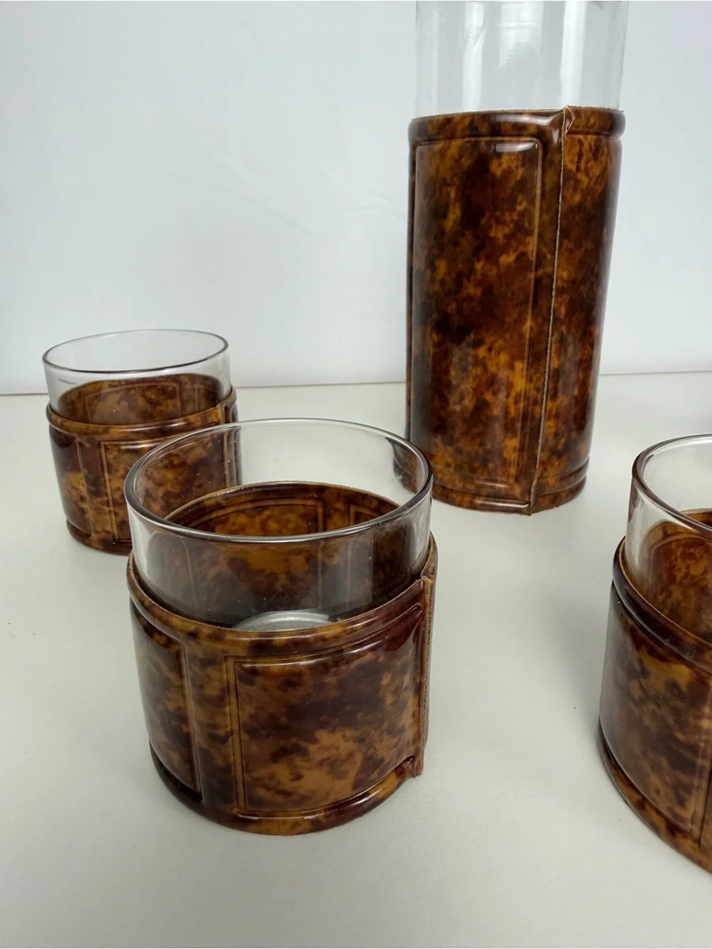 1960s Vintage Faux Tortoiseshell Glass Pitcher 5 Tumblers MCM Barware Set